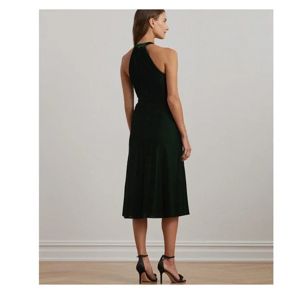 Lauren Ralph Lauren Velvet Halter Dress Green Size 12 (Missing Belt)